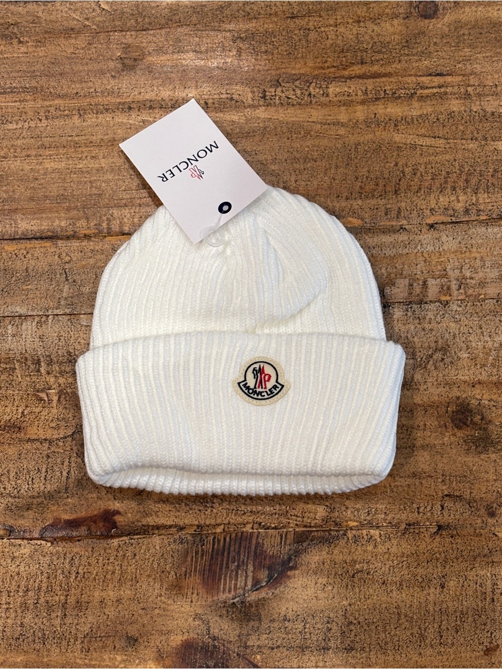 Moncler White Ribbed Cuffed Beanie with Logo Patch